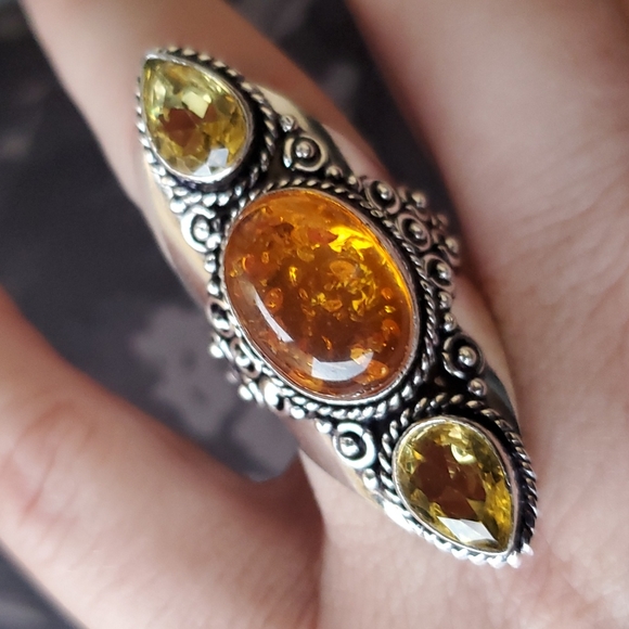 New Baltic Amber & Citrine 925 Silver Statement Ring. - Picture 12 of 16